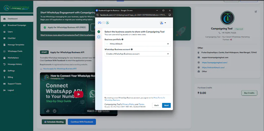 Connecting an existing WhatsApp Business app number in CampaigningTool with Meta Embedded Signup