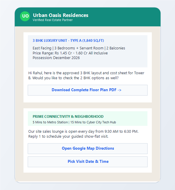 Example WhatsApp message with a property brochure and floor plan