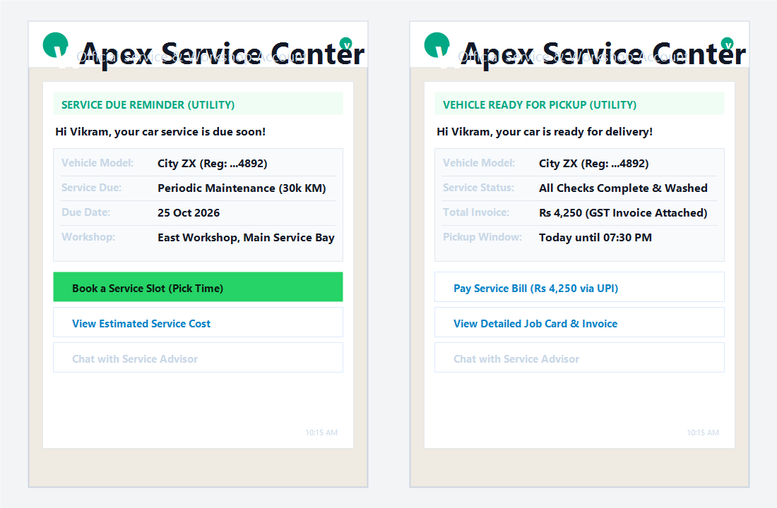 WhatsApp service reminder and vehicle ready messages from a service centre