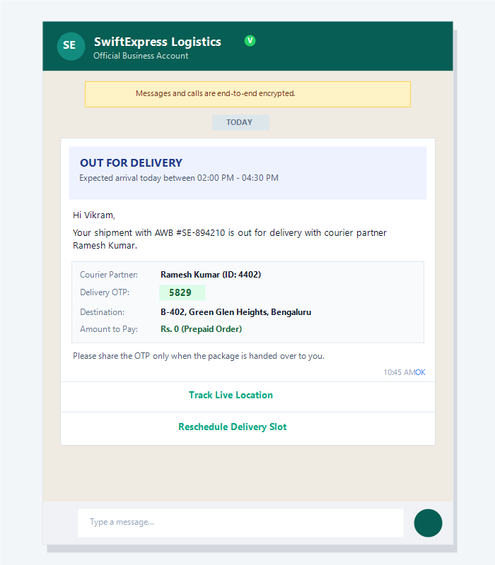 WhatsApp out-for-delivery message with a track order button