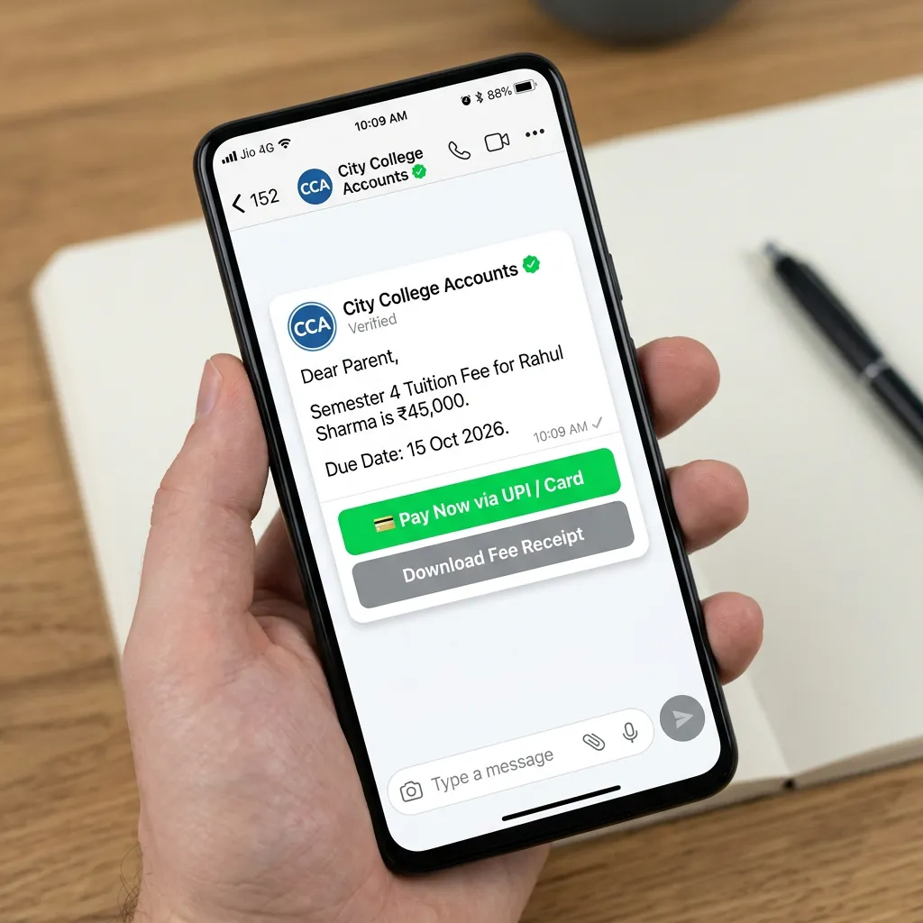 WhatsApp fee reminder message with a pay button