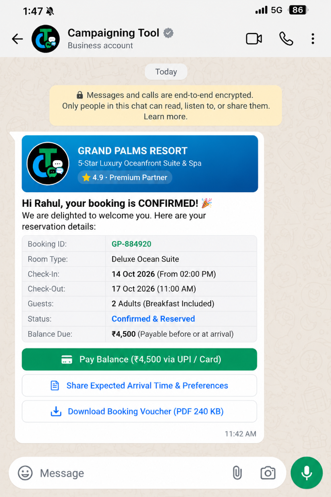 WhatsApp booking confirmation with a pay balance button