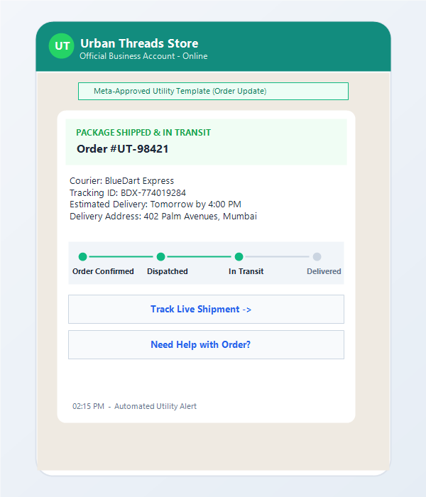 Example WhatsApp shipping update with a tracking link