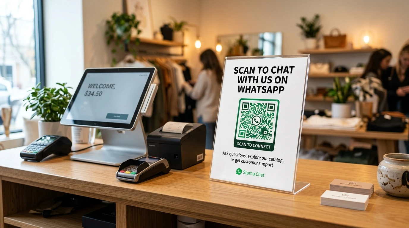 WhatsApp QR code on a shop counter stand