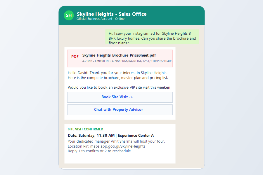 WhatsApp chat where a real estate assistant sends a brochure and offers to book a site visit