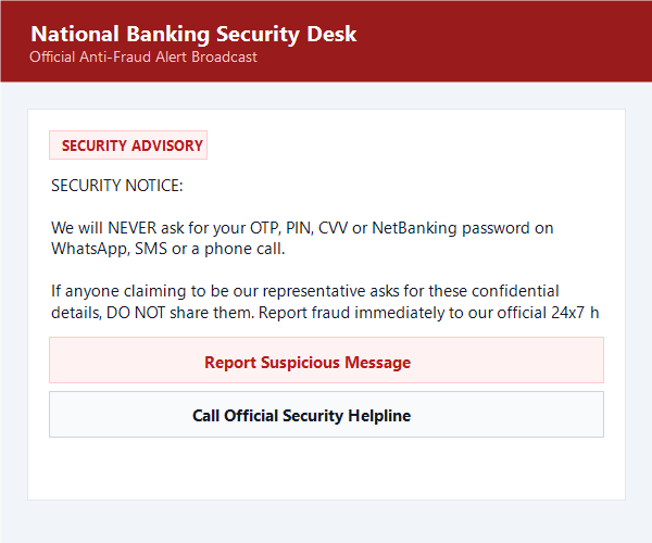 WhatsApp security notice telling customers never to share an OTP