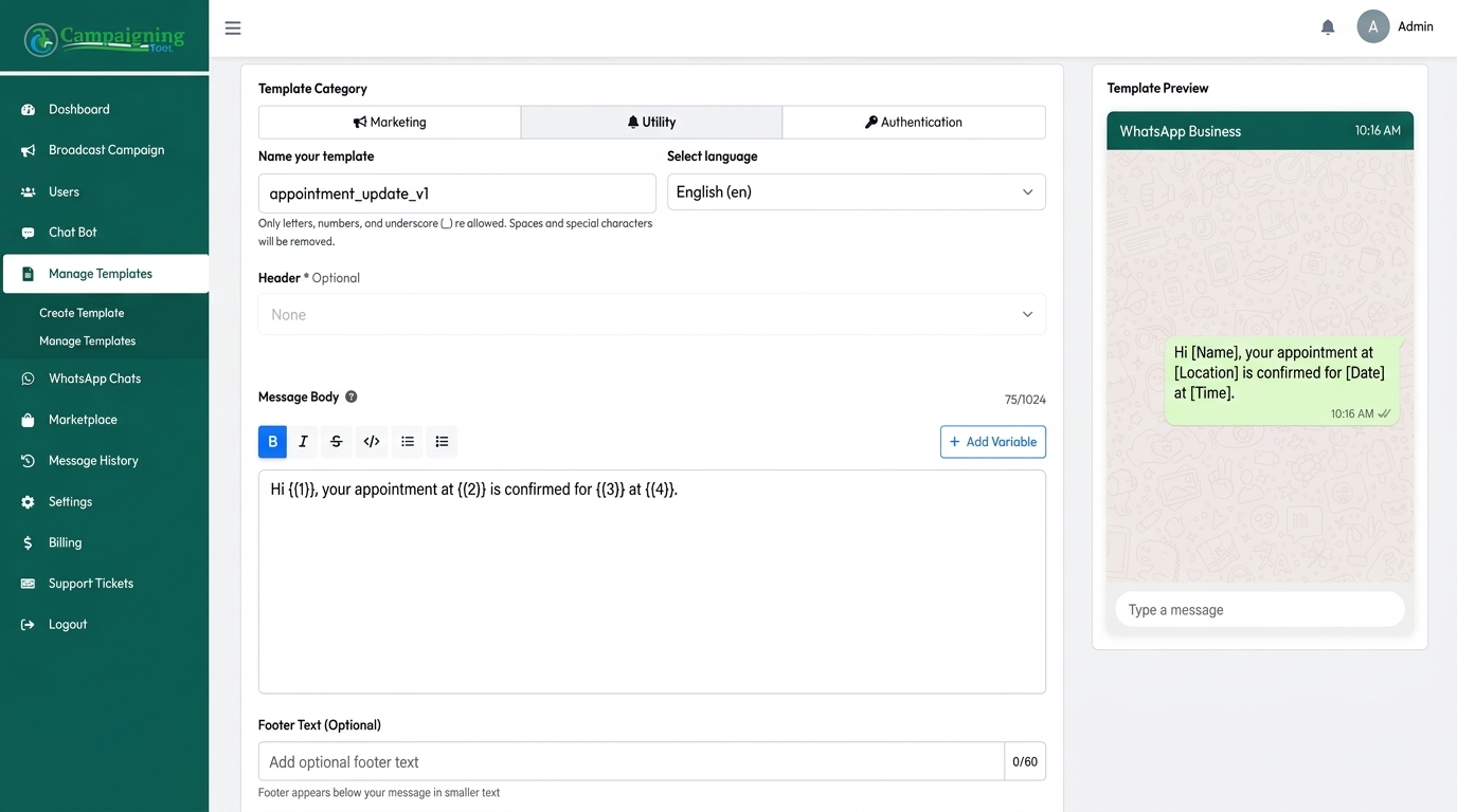 Submitting a WhatsApp message template in the CampaigningTool dashboard